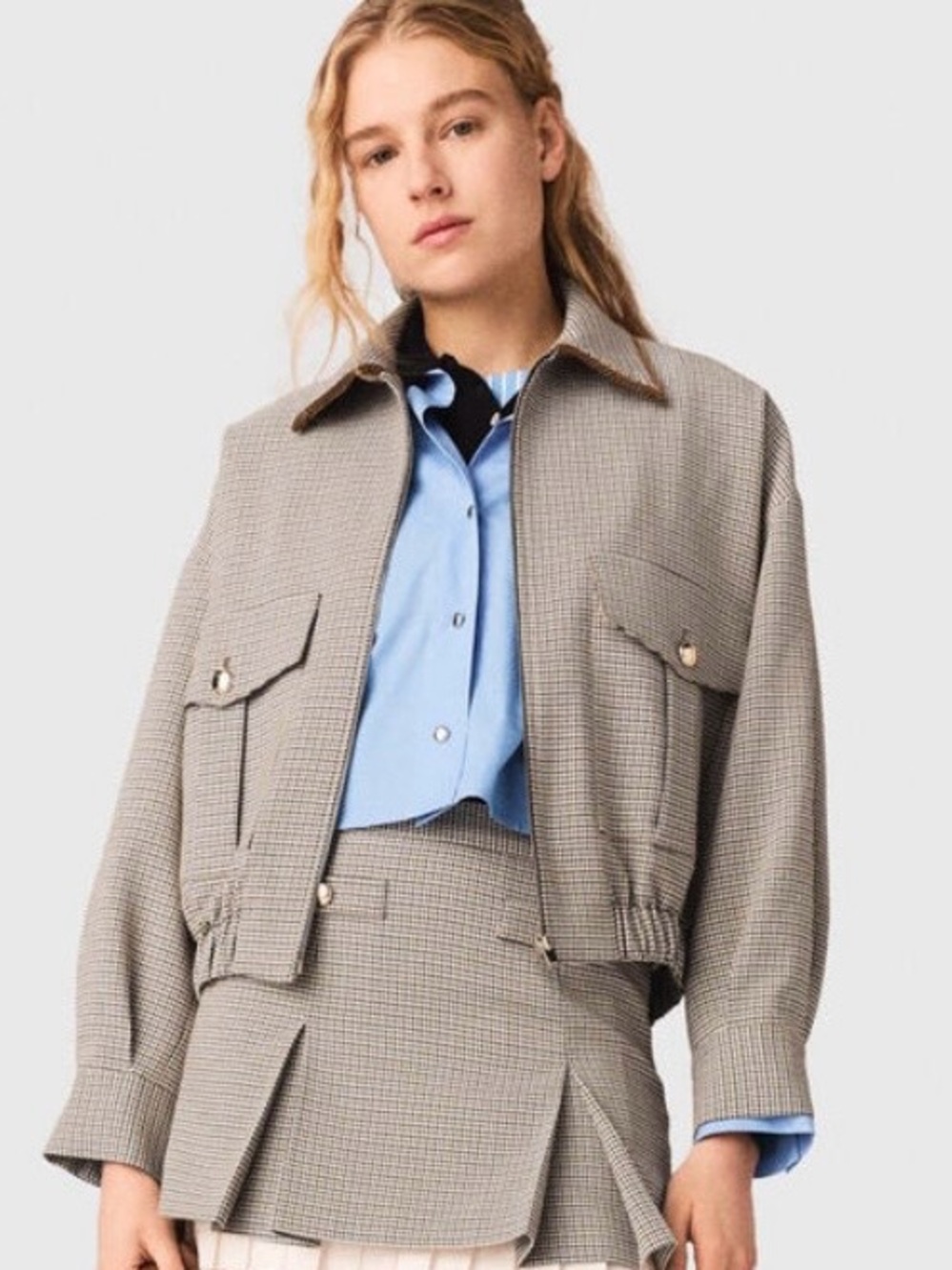 Maje Womens Checked Zip-Front Jacket in Light Gray